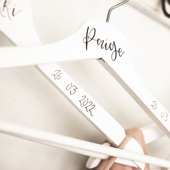 Personalised wedding hangers with bridesmaid names and wedding date